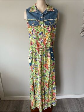 90s Vintage Denim Floral 2 Piece Skirt Vest Set Bundle Of 2 Neon Retro Tropical